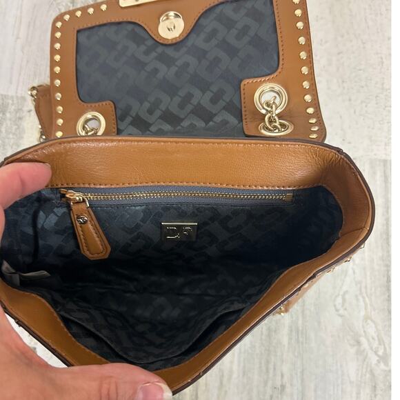 DVF Diane von Furstenberg 440 Mini Studded Flap Crossbody Bag Tan Brown Gold - Picture 9 of 10